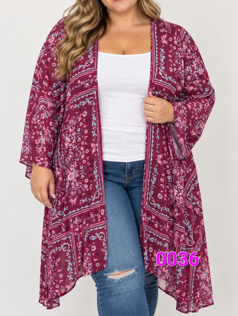 Plus Size Burgundy Floral Kimono Cardigan 3X